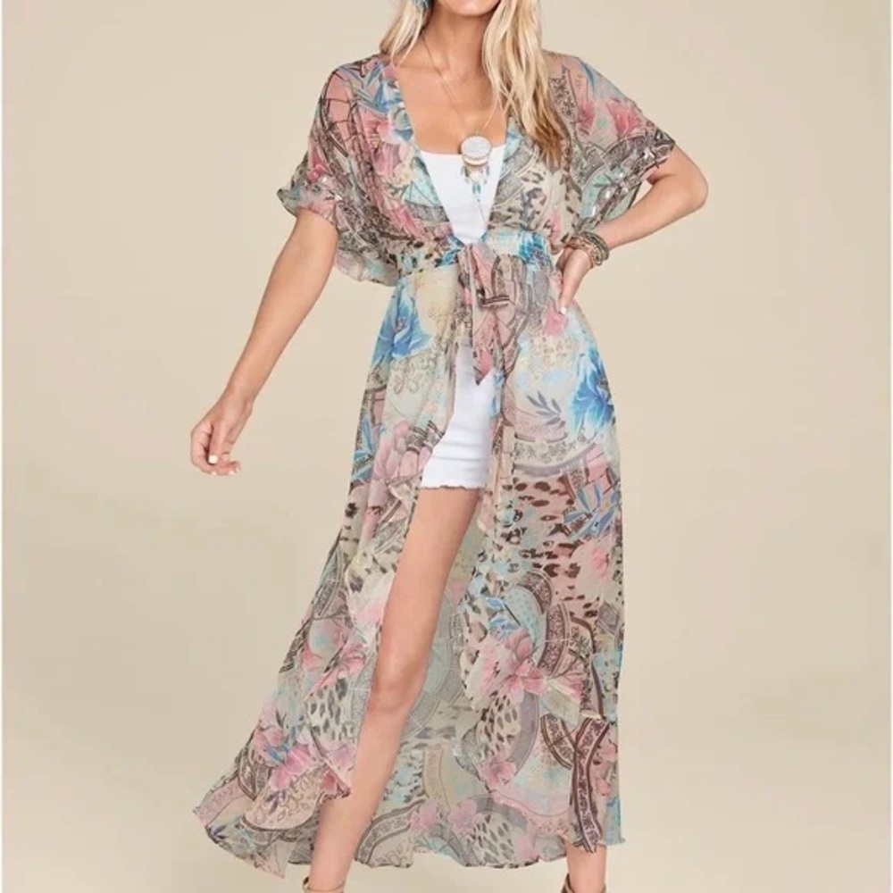 NWOT Venus Plus Size Sheer Eclectic Embellished Floral Leopard Print Maxi Kimono